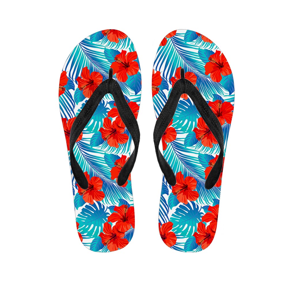 Blue Tropical Hibiscus Pattern Print Flip Flops