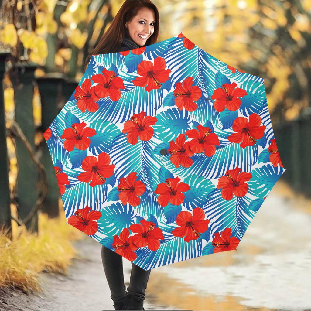 Blue Tropical Hibiscus Pattern Print Foldable Umbrella