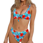 Blue Tropical Hibiscus Pattern Print Front Bow Tie Bikini