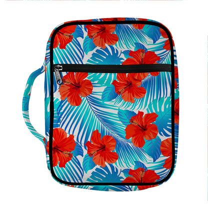 Blue Tropical Hibiscus Pattern Print Front Pocket Bible Bag