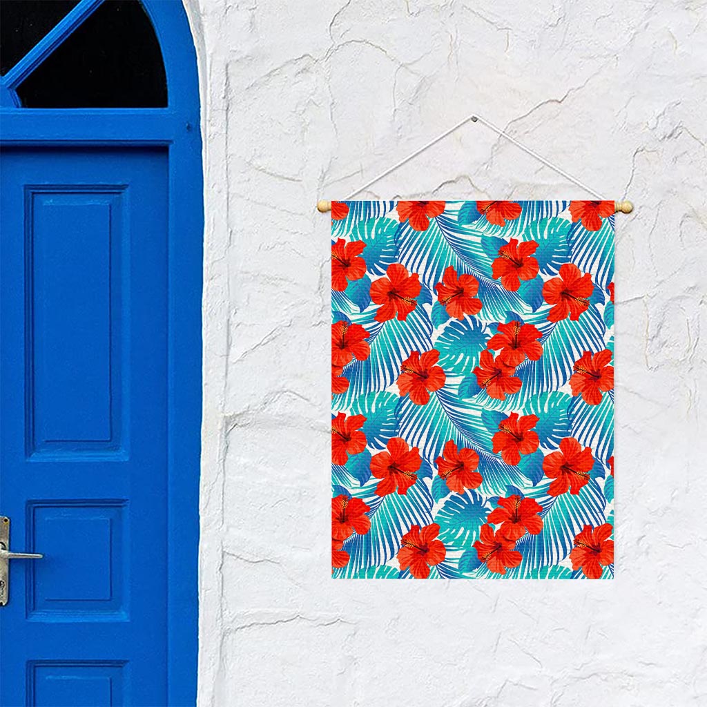Blue Tropical Hibiscus Pattern Print Garden Flag
