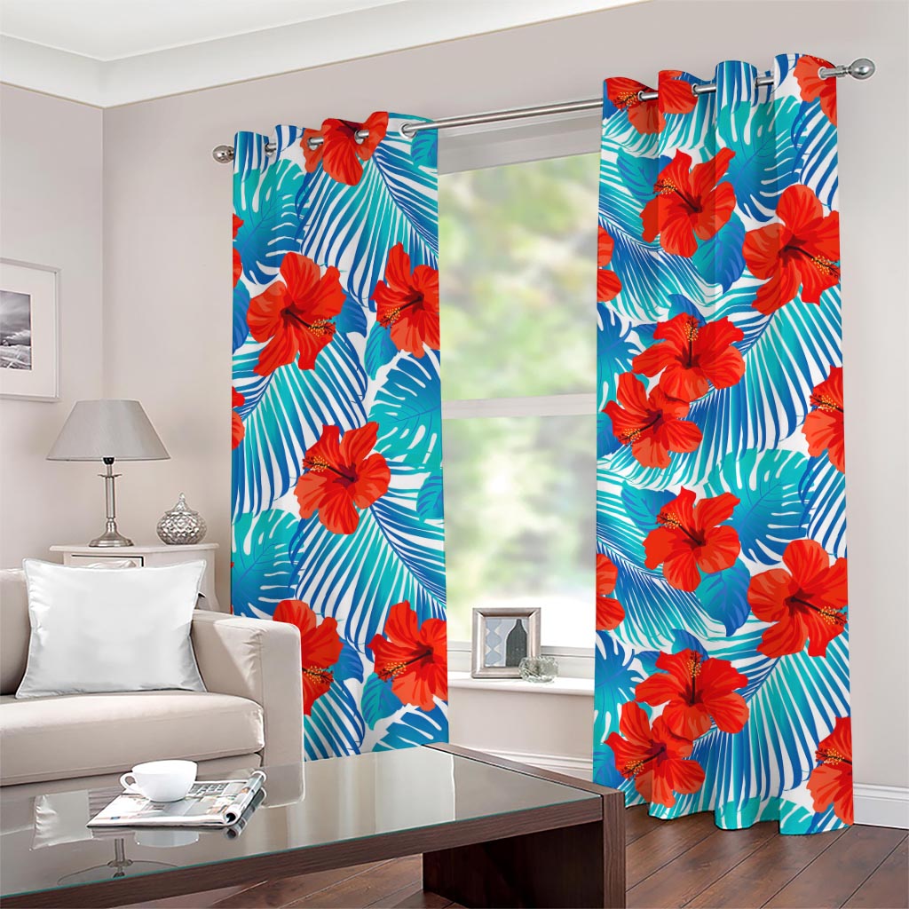 Blue Tropical Hibiscus Pattern Print Grommet Curtains