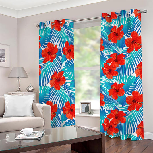 Blue Tropical Hibiscus Pattern Print Grommet Curtains