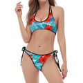 Blue Tropical Hibiscus Pattern Print Halter Scoop Tie Side Bikini