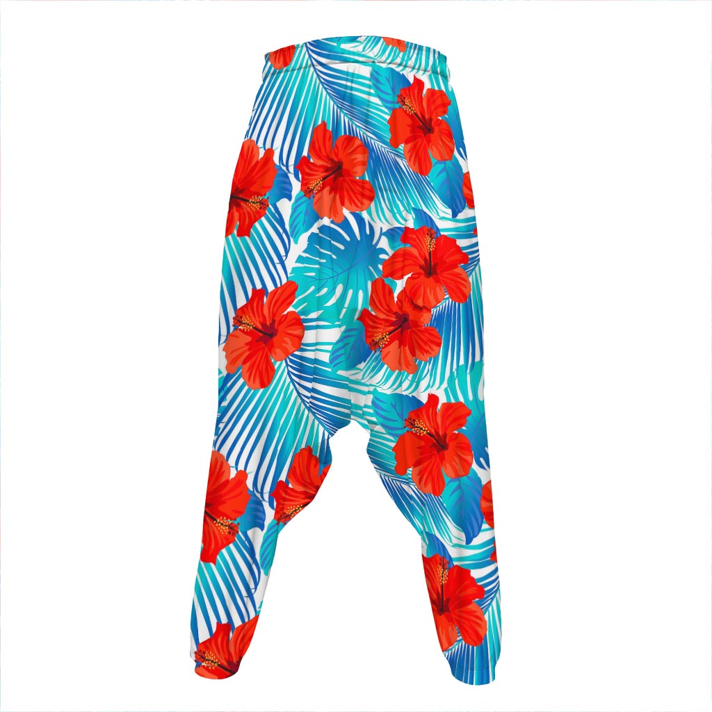 Blue Tropical Hibiscus Pattern Print Hammer Pants