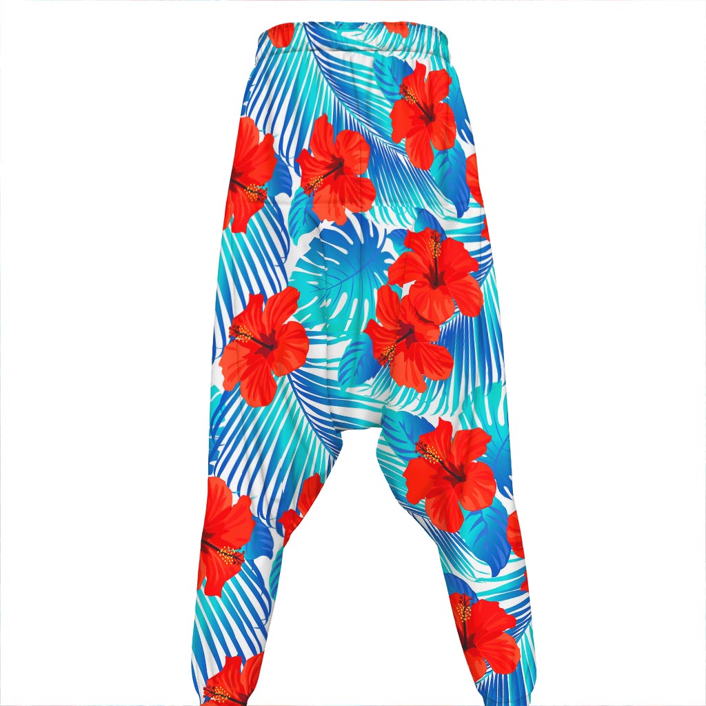 Blue Tropical Hibiscus Pattern Print Hammer Pants