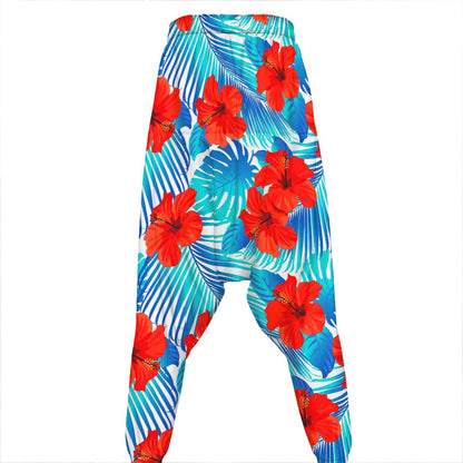 Blue Tropical Hibiscus Pattern Print Hammer Pants