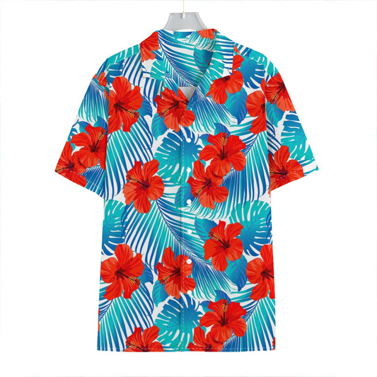 Blue Tropical Hibiscus Pattern Print Hawaiian Shirt