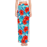 Blue Tropical Hibiscus Pattern Print High Slit Maxi Skirt