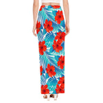 Blue Tropical Hibiscus Pattern Print High Slit Maxi Skirt
