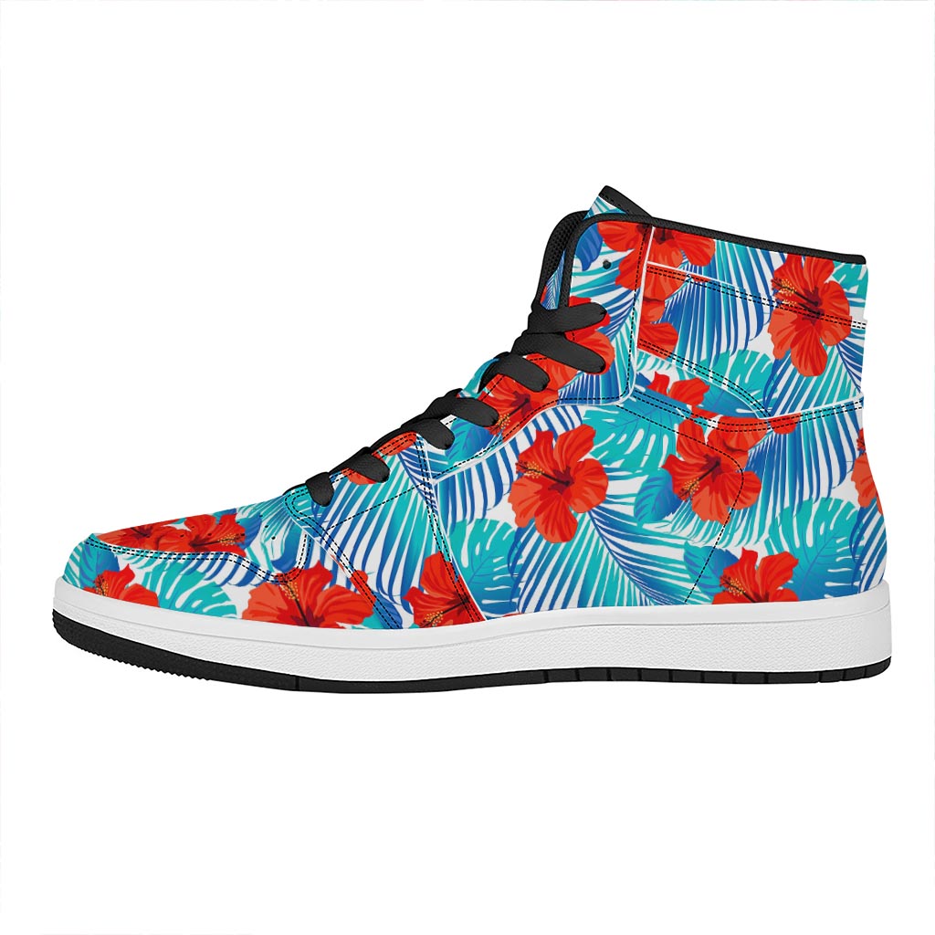 Blue Tropical Hibiscus Pattern Print High Top Leather Sneakers