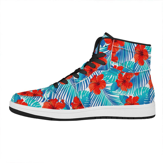 Blue Tropical Hibiscus Pattern Print High Top Leather Sneakers