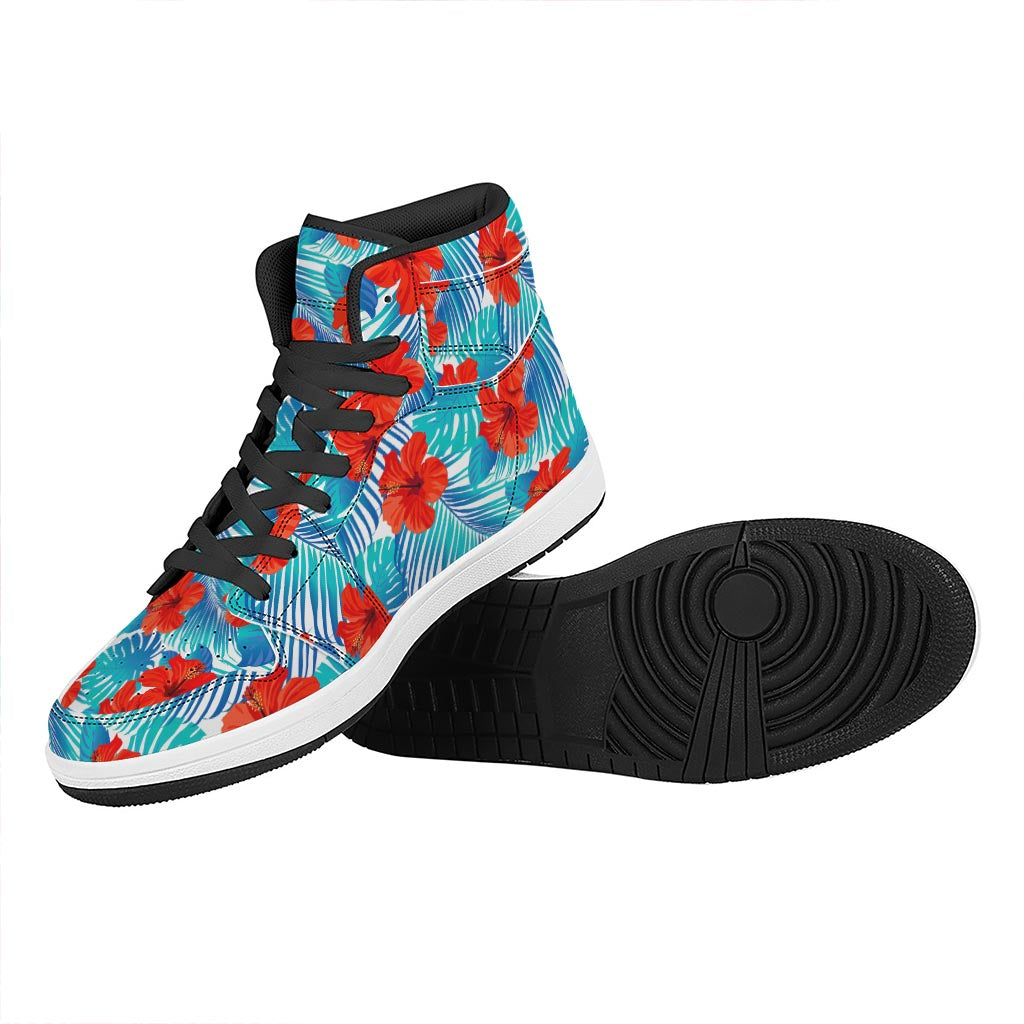 Blue Tropical Hibiscus Pattern Print High Top Leather Sneakers