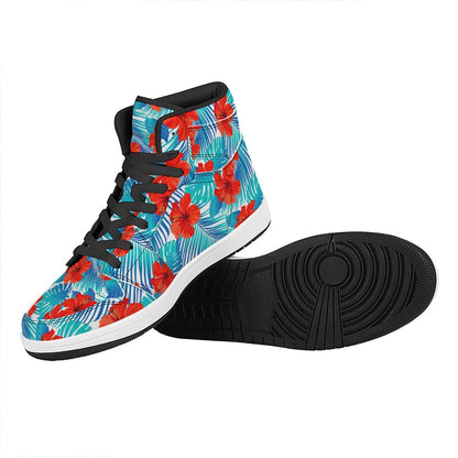 Blue Tropical Hibiscus Pattern Print High Top Leather Sneakers