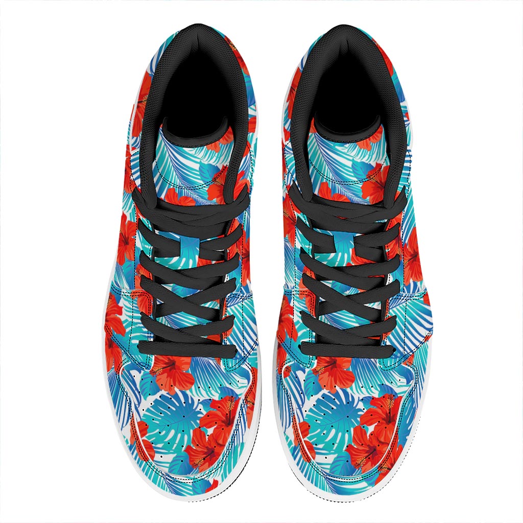 Blue Tropical Hibiscus Pattern Print High Top Leather Sneakers