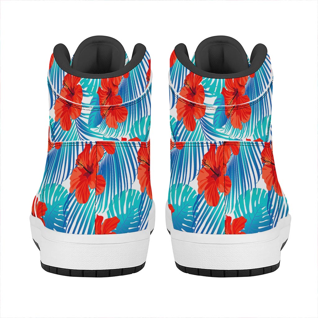 Blue Tropical Hibiscus Pattern Print High Top Leather Sneakers