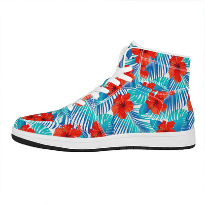 Blue Tropical Hibiscus Pattern Print High Top Leather Sneakers