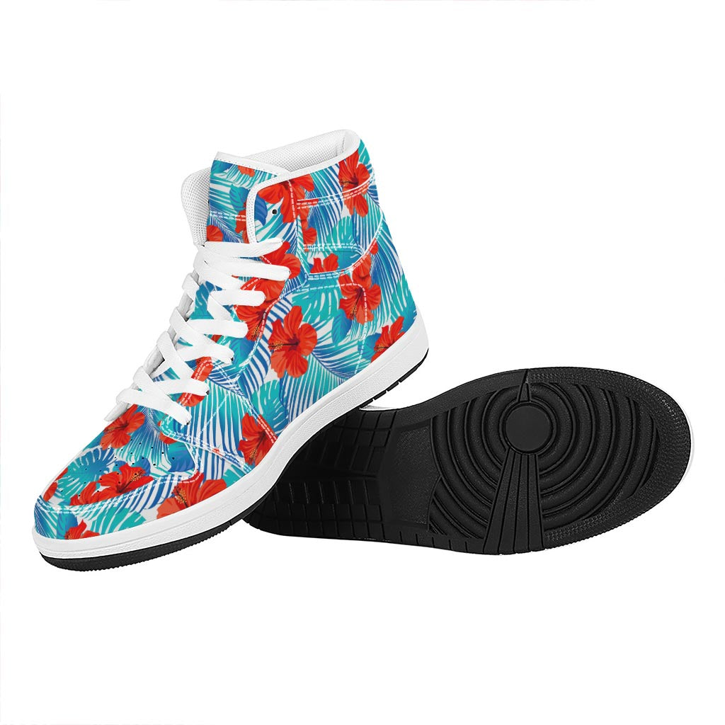 Blue Tropical Hibiscus Pattern Print High Top Leather Sneakers