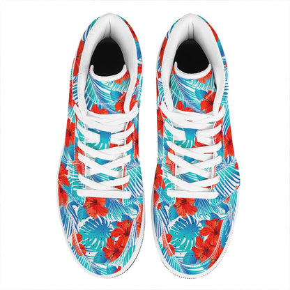 Blue Tropical Hibiscus Pattern Print High Top Leather Sneakers