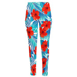 Blue Tropical Hibiscus Pattern Print High-Waisted Pocket Leggings