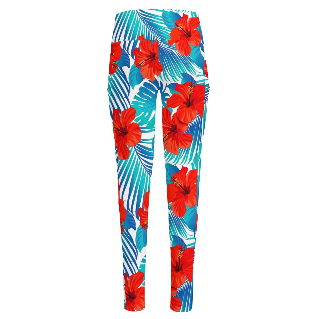Blue Tropical Hibiscus Pattern Print High-Waisted Pocket Leggings