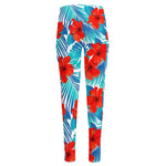 Blue Tropical Hibiscus Pattern Print High-Waisted Pocket Leggings