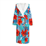 Blue Tropical Hibiscus Pattern Print Hooded Bathrobe