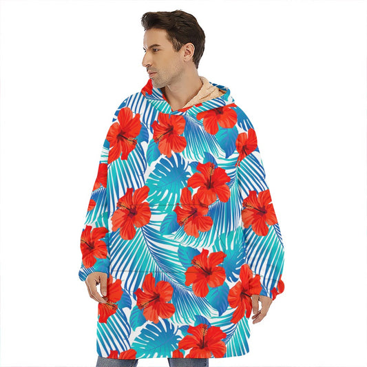 Blue Tropical Hibiscus Pattern Print Hoodie Blanket