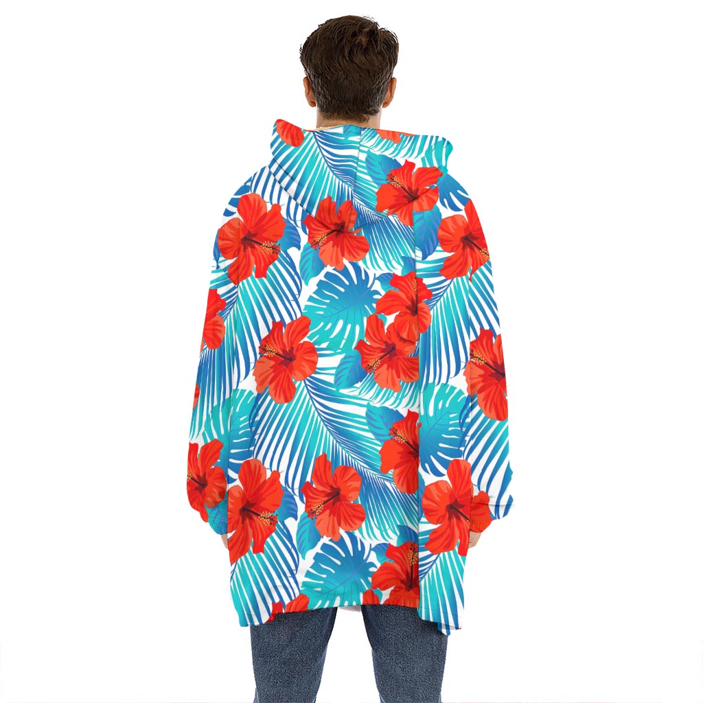 Blue Tropical Hibiscus Pattern Print Hoodie Blanket