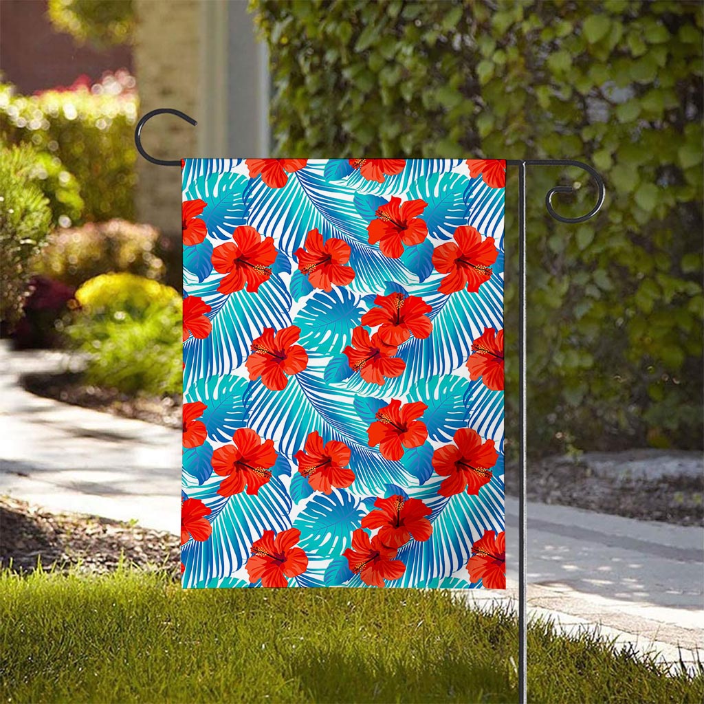 Blue Tropical Hibiscus Pattern Print House Flag