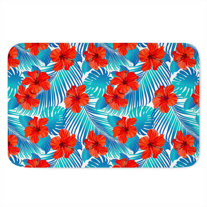 Blue Tropical Hibiscus Pattern Print Indoor Door Mat