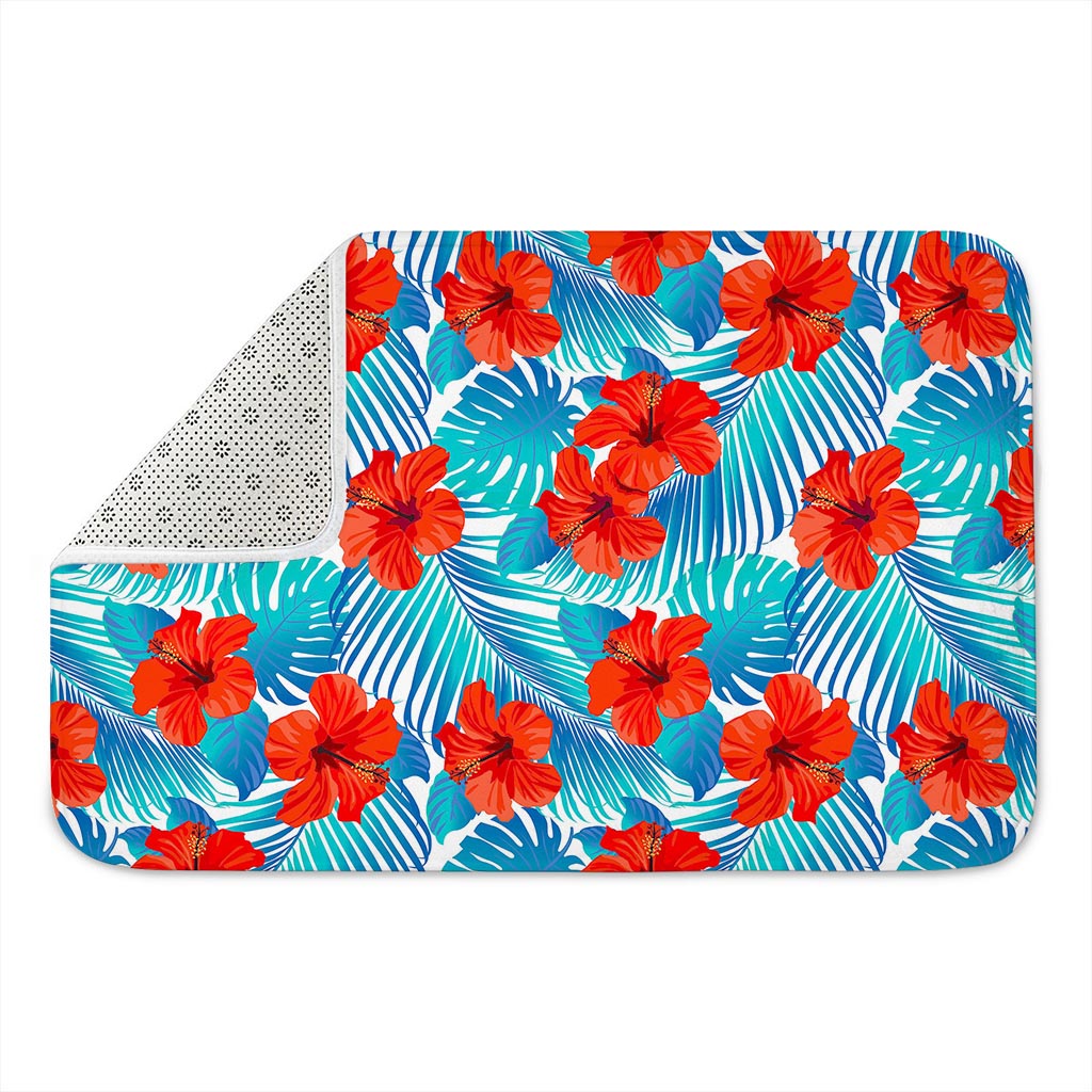 Blue Tropical Hibiscus Pattern Print Indoor Door Mat