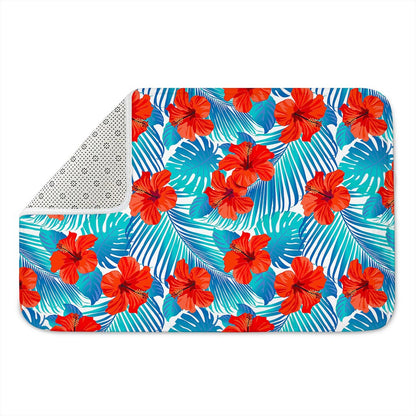 Blue Tropical Hibiscus Pattern Print Indoor Door Mat