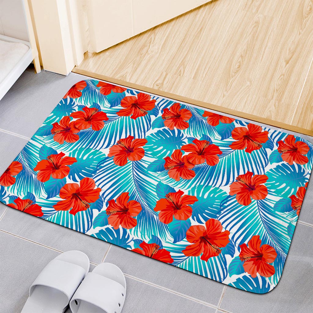 Blue Tropical Hibiscus Pattern Print Indoor Door Mat