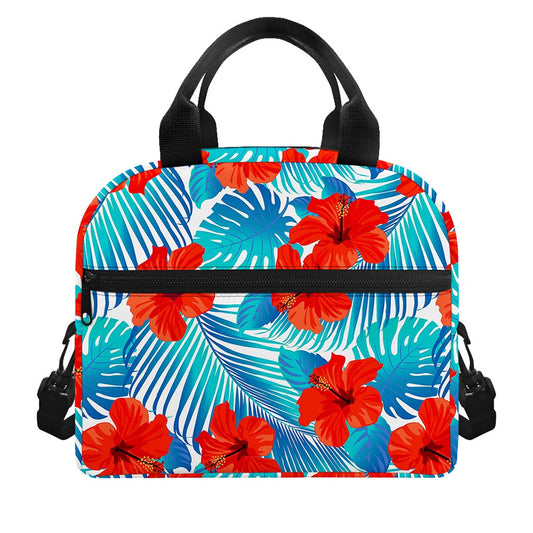 Blue Tropical Hibiscus Pattern Print Insulated Lunch Bag