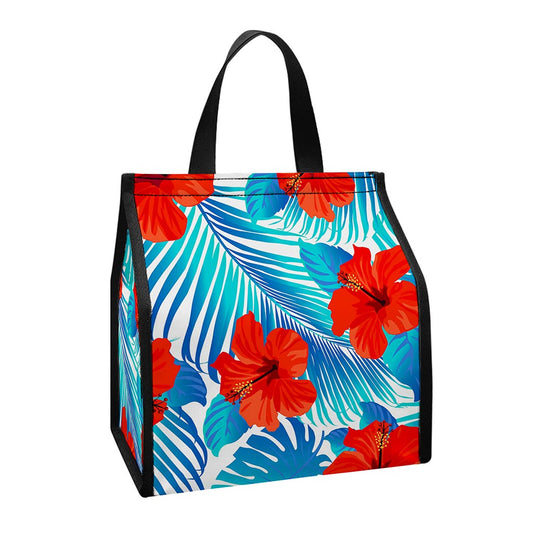 Blue Tropical Hibiscus Pattern Print Insulated Lunch Tote