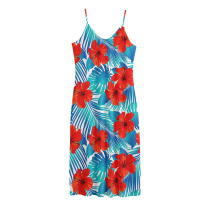 Blue Tropical Hibiscus Pattern Print Jersey Midi Cami Dress