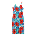 Blue Tropical Hibiscus Pattern Print Jersey Midi Cami Dress