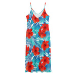 Blue Tropical Hibiscus Pattern Print Jersey Midi Cami Dress