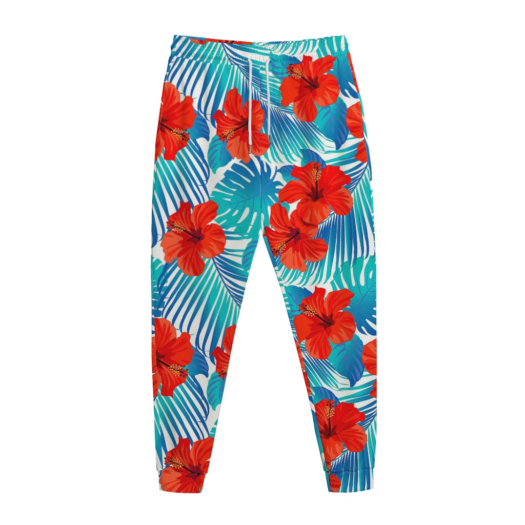 Blue Tropical Hibiscus Pattern Print Jogger Pants