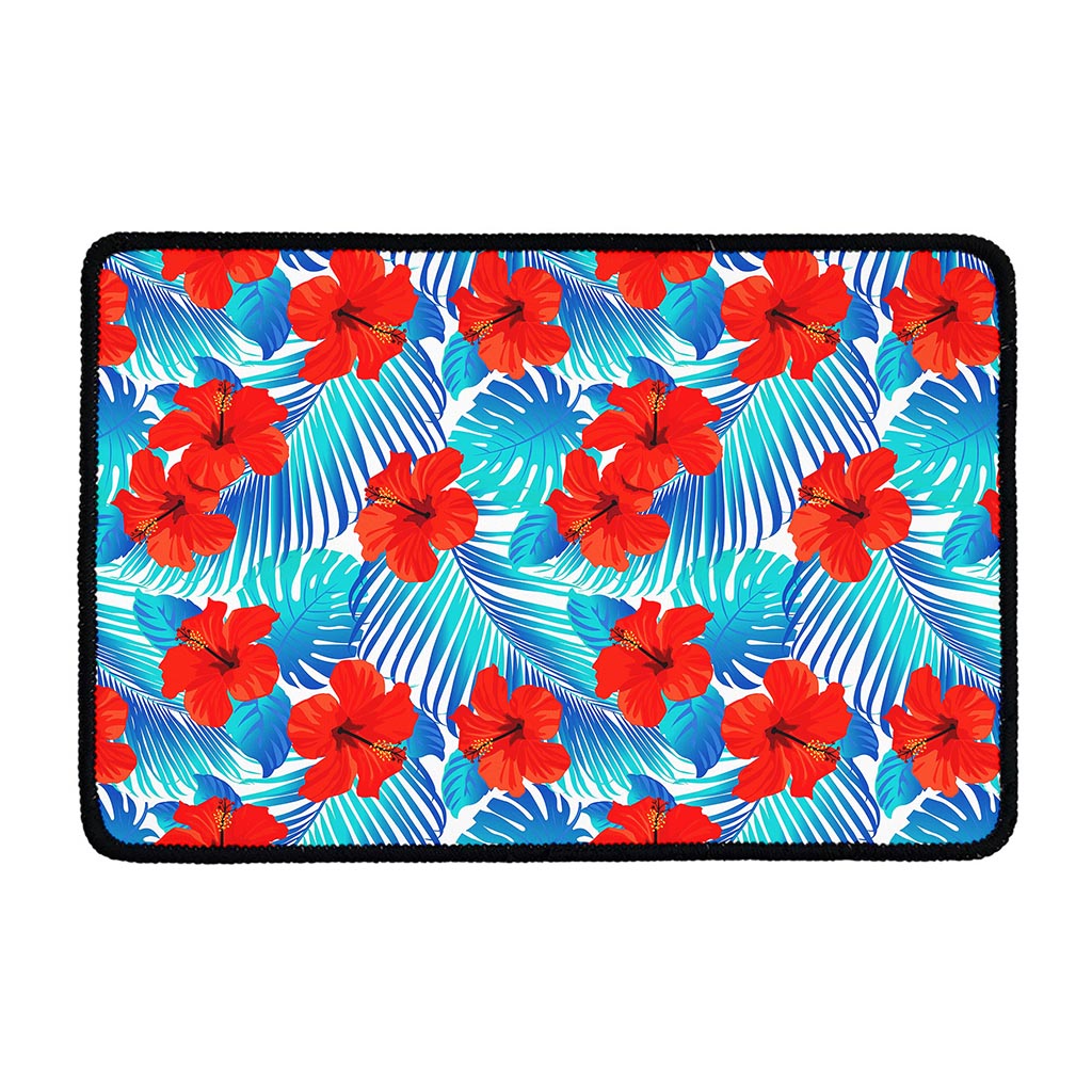Blue Tropical Hibiscus Pattern Print Kitchen Mat