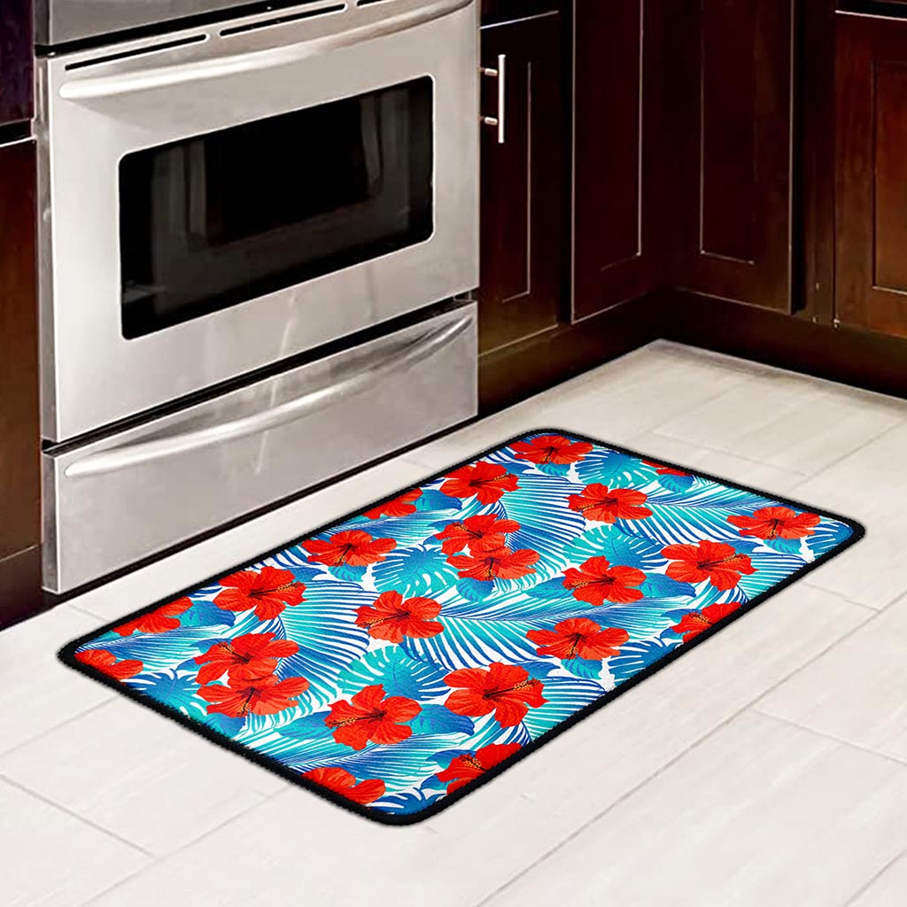 Blue Tropical Hibiscus Pattern Print Kitchen Mat