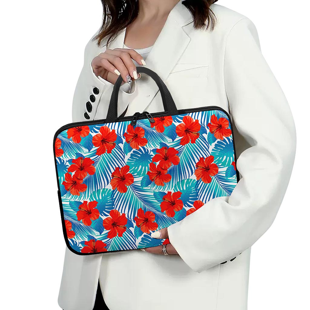 Blue Tropical Hibiscus Pattern Print Laptop Sleeve With Handle