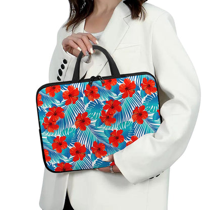 Blue Tropical Hibiscus Pattern Print Laptop Sleeve With Handle