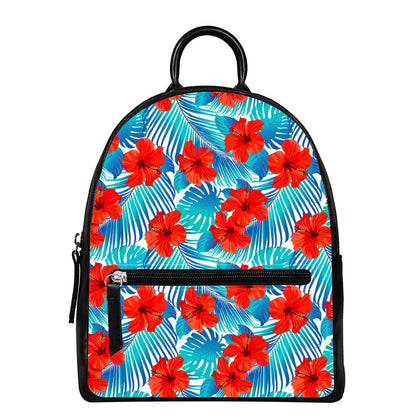 Blue Tropical Hibiscus Pattern Print Leather Backpack
