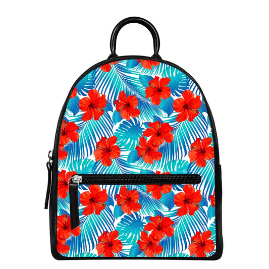 Blue Tropical Hibiscus Pattern Print Leather Backpack