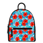 Blue Tropical Hibiscus Pattern Print Leather Backpack