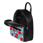 Blue Tropical Hibiscus Pattern Print Leather Backpack
