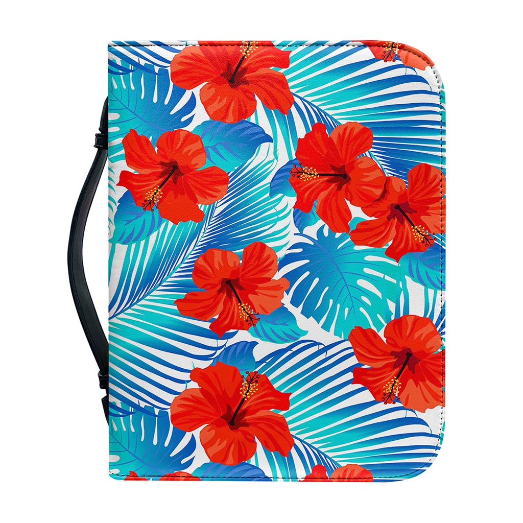 Blue Tropical Hibiscus Pattern Print Leather Bible Cover