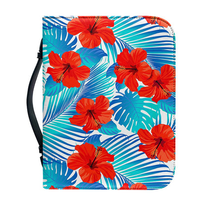 Blue Tropical Hibiscus Pattern Print Leather Bible Cover